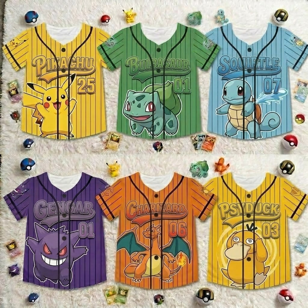 Personalized Kids Baseball Jersey Pokémon Characters Gift for Movie Fans