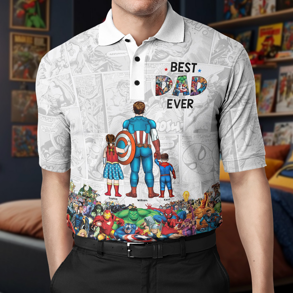 Personalized Best Dad Ever Superhero Polo Shirt Gift for Dad