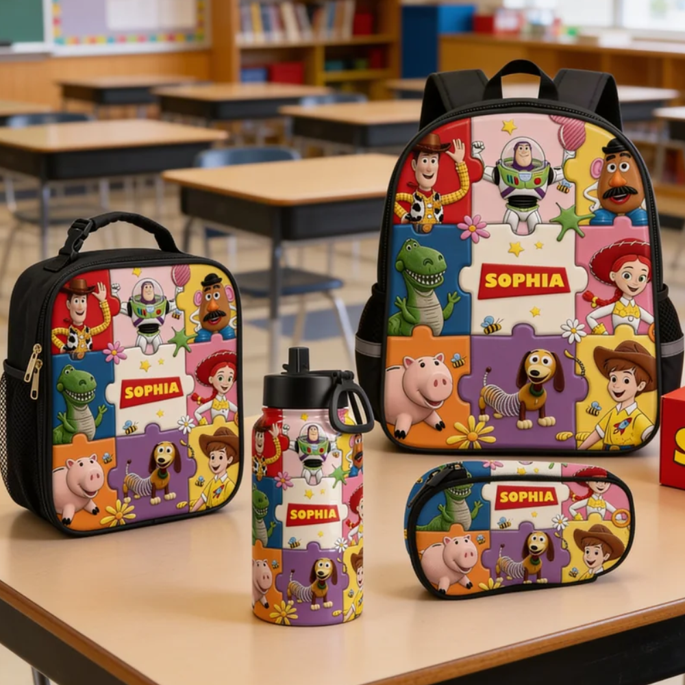Personalized Cartoon Backpack Lunch Bag Water Bottle Set for Kids