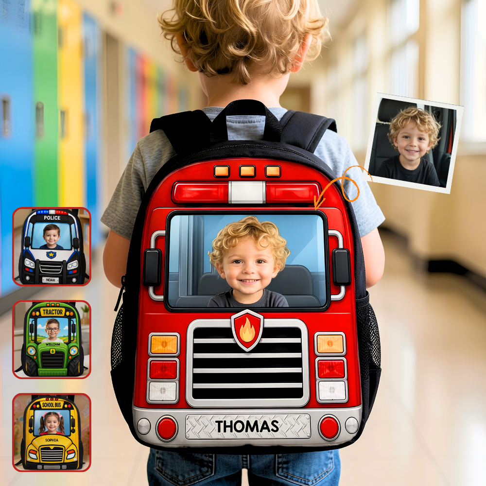 Personalized Kids School Bus Backpack Set with Photo and Name - Lunch Bag, Pencil Case & Water Bottle Gift