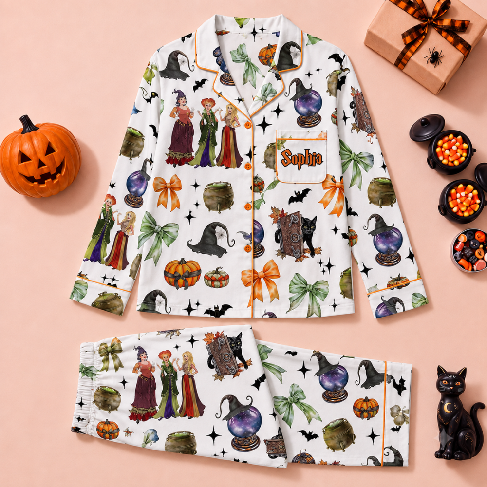 Personalized Halloween Pajama Set Cats & Witches Gift for Her Pajama Set GradoCreations