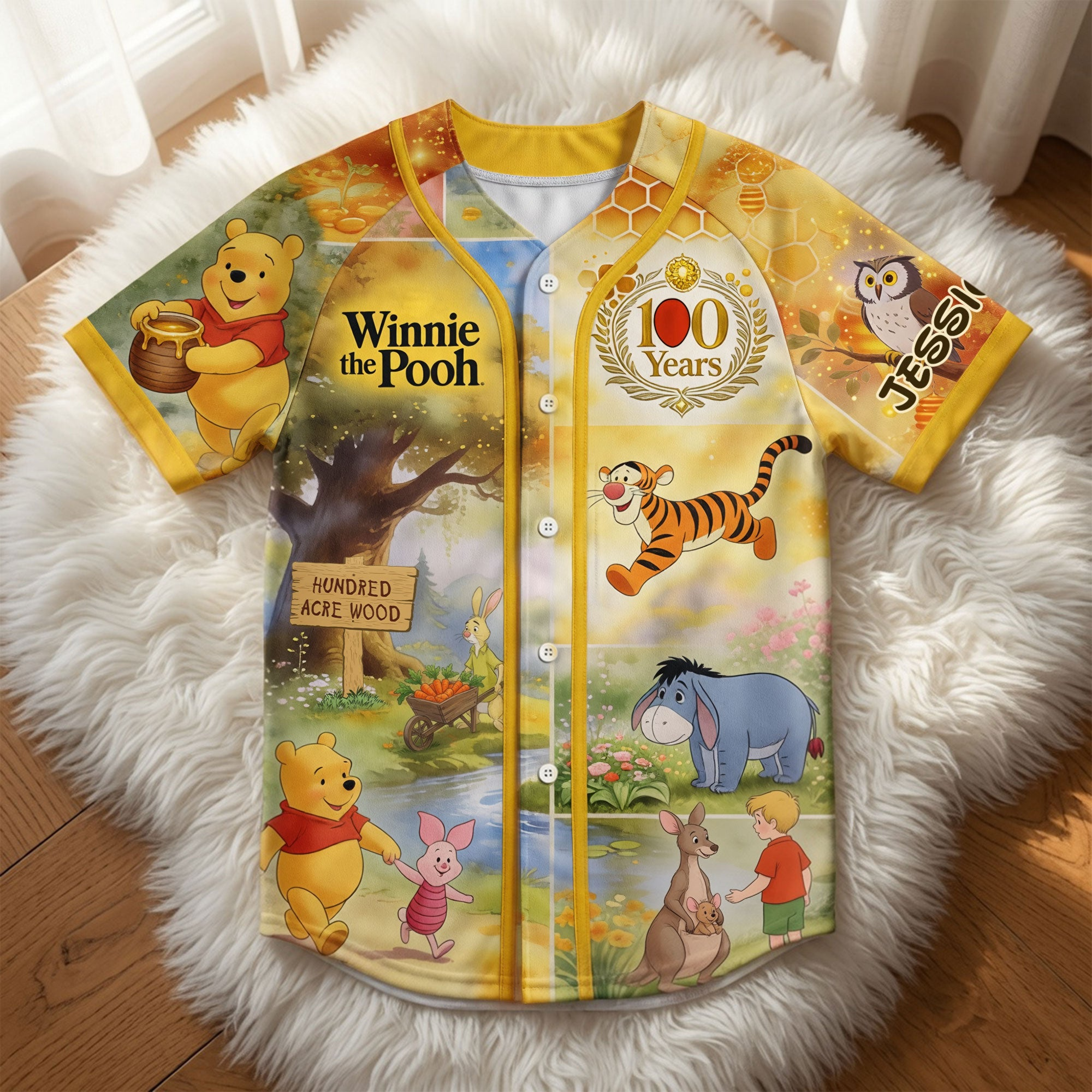 Personalized Winnie the Pooh Baseball Jersey Gift for Kids & Adults - 100th Anniversary Celebration