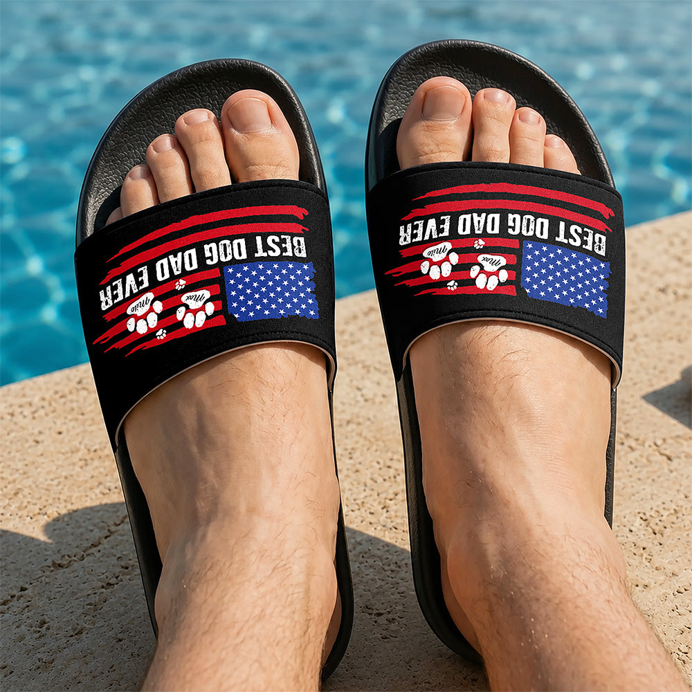 Personalized Slide Sandals Best Dog Dad Ever American Flag Gift HN590 - Slide Sandals GradoCreations