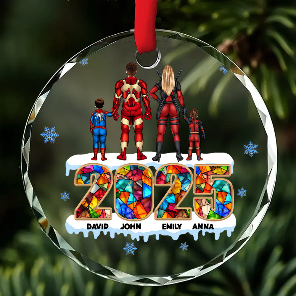 Personalized Super Hero Family Glass Ornament 2025 Gift
