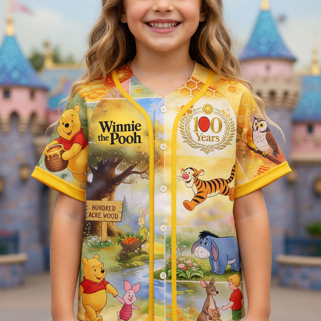 Personalized Winnie the Pooh Baseball Jersey Gift for Kids & Adults - 100th Anniversary Celebration