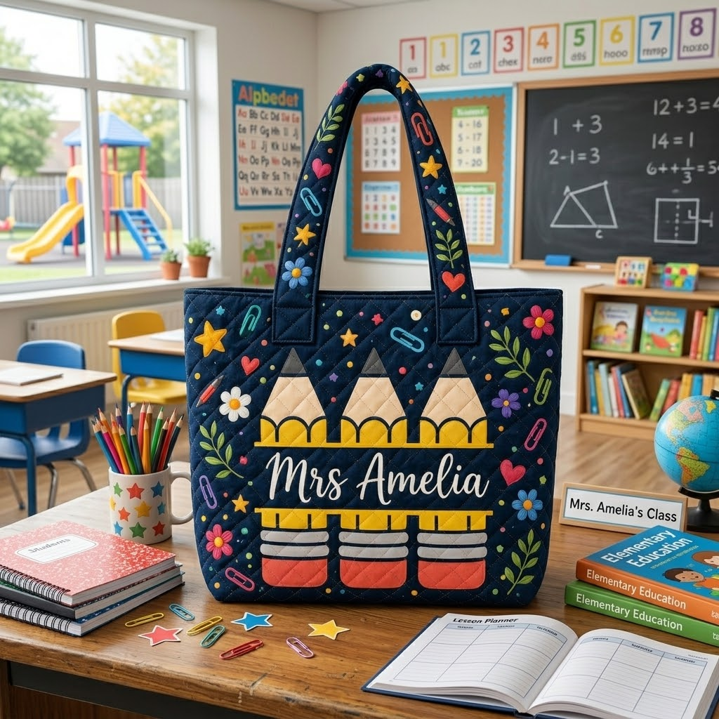 Personalized Quilted Tote Bag with Teacher Pencil Design Gift for Educators