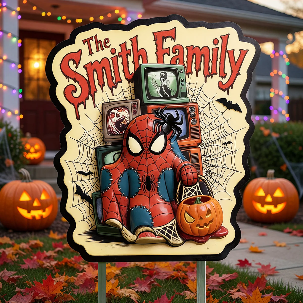 Personalized Spider Web Metal Garden Stake Halloween Gift for Family Stake Metal Sign GradoCreations