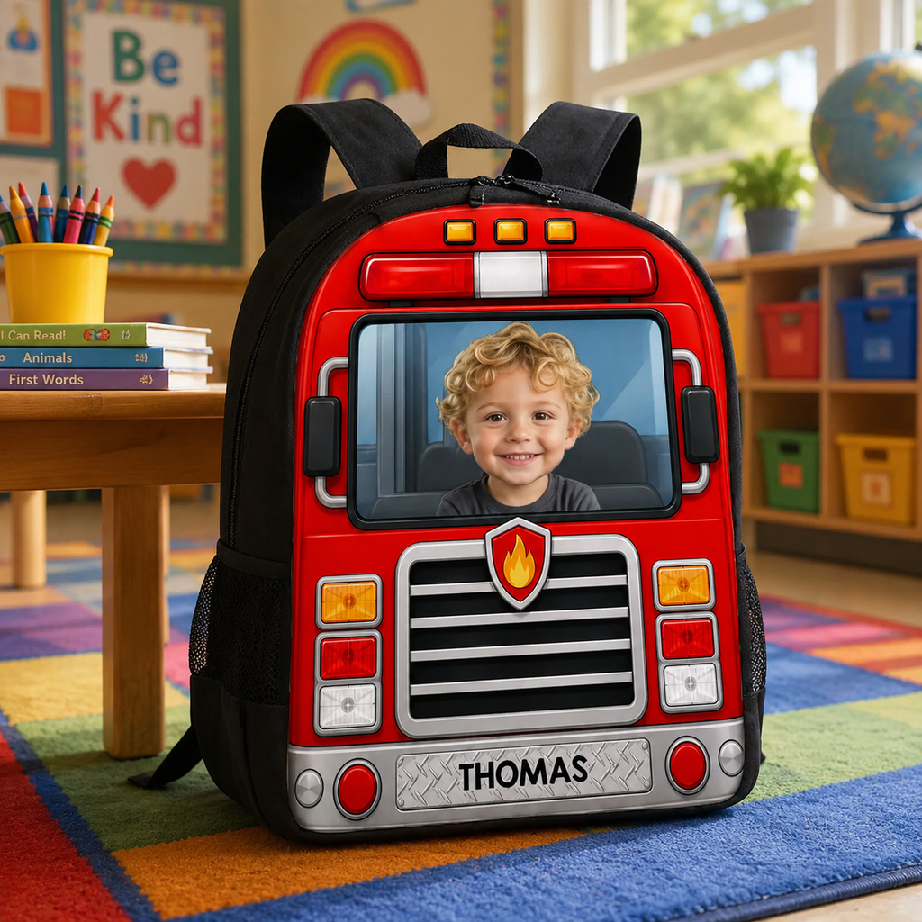 Personalized Kids School Bus Backpack Set with Photo and Name - Lunch Bag, Pencil Case & Water Bottle Gift