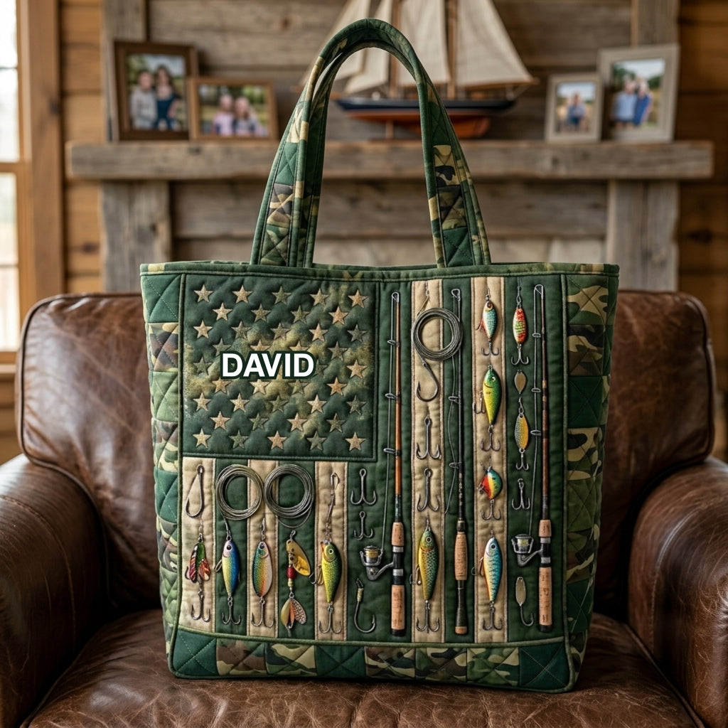 Personalized Camo American Flag Fishing Tote Bag Gift for Him