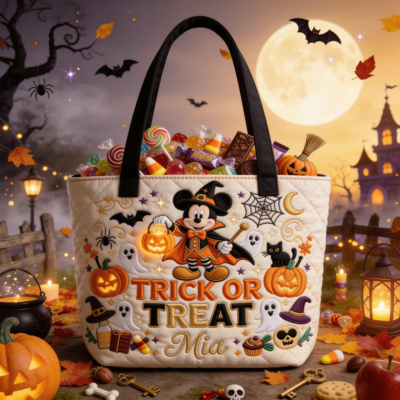 Personalized Trick or Treat Quilted Tote Bag for Halloween Quilted Tote Bag GradoCreations