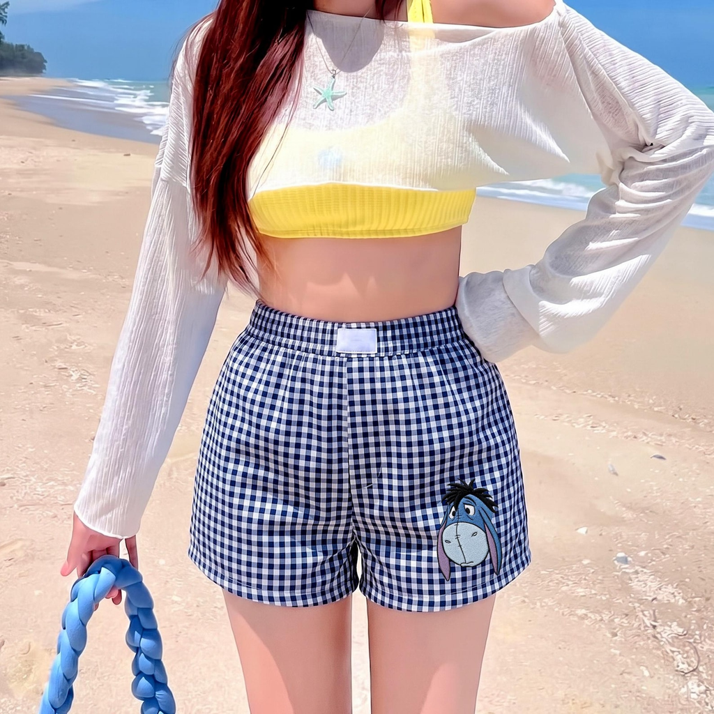Personalized Embroidered Gingham Shorts for Women - Gift for Movie Fans