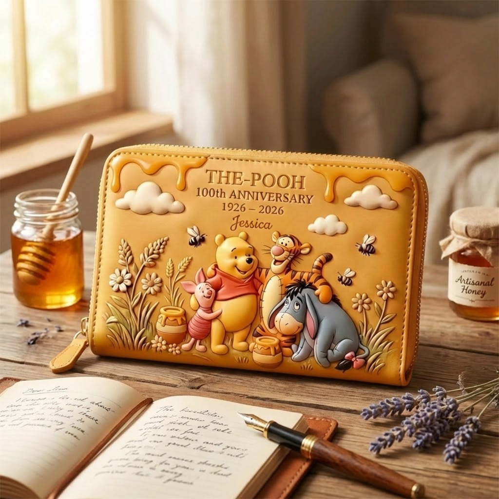 Personalized Leather Long Wallet Pooh Anniversary Gift for Her