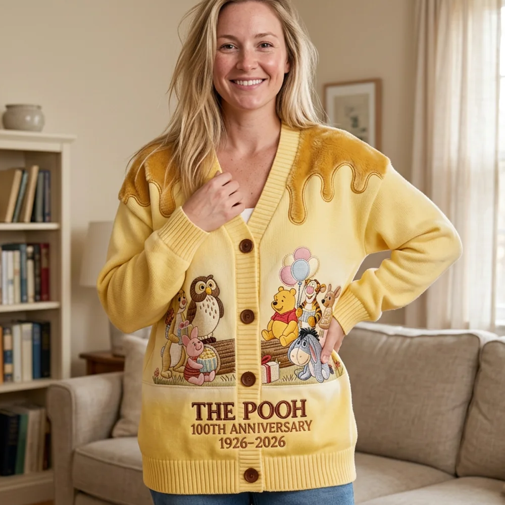 Personalized Knitted Cardigan with Pooh Characters Gift for Her Cardigan GradoCreations