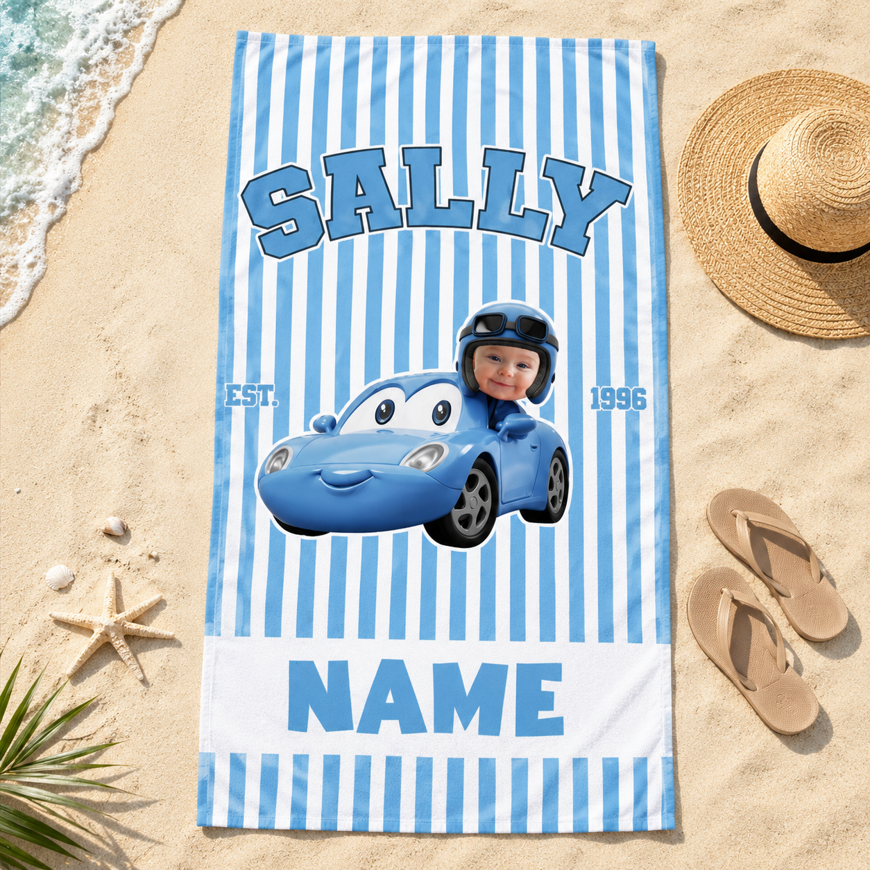 Personalized Cartoon Racing Car Beach Towel Custom Name Gift for Kids