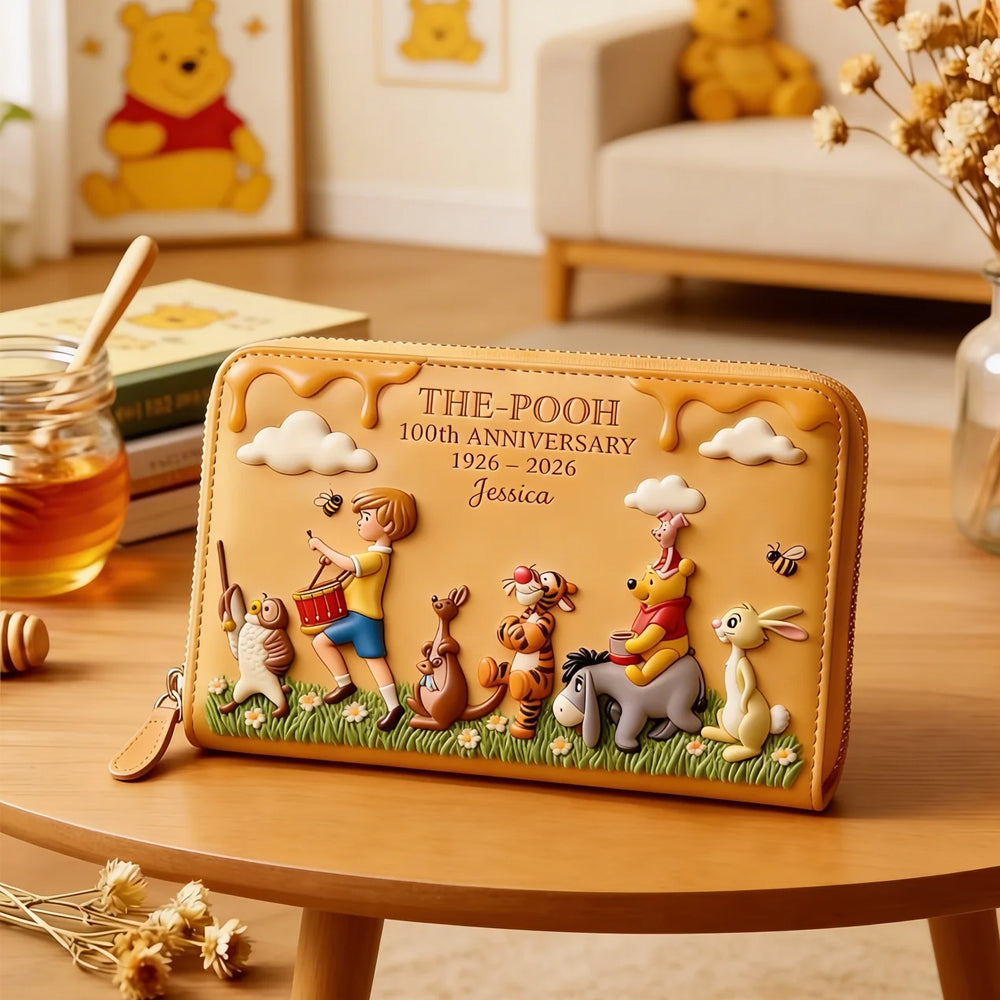 Personalized Leather Long Wallet Disney Pooh 100th Anniversary Gift for Movie Fans