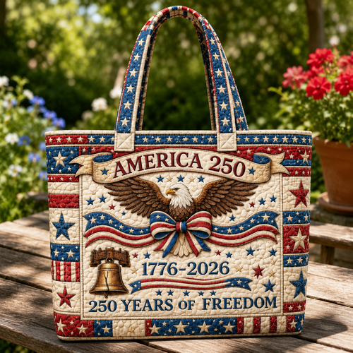 America 250 Freedom Quilted Tote Bag for Her - Patriotic Gift Quilted Tote Bag GradoCreations