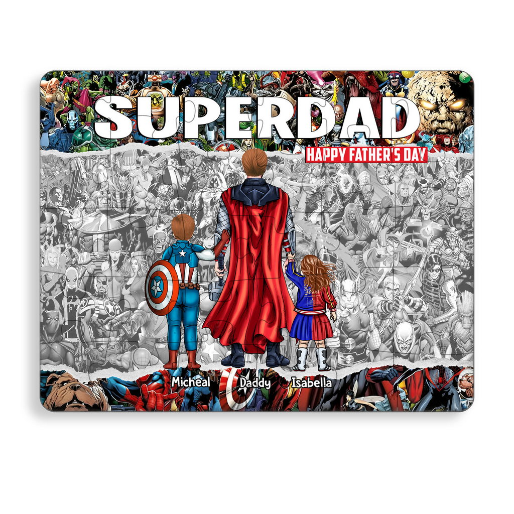 Personalized SuperDad Puzzle with Kids Custom Gift for Dad