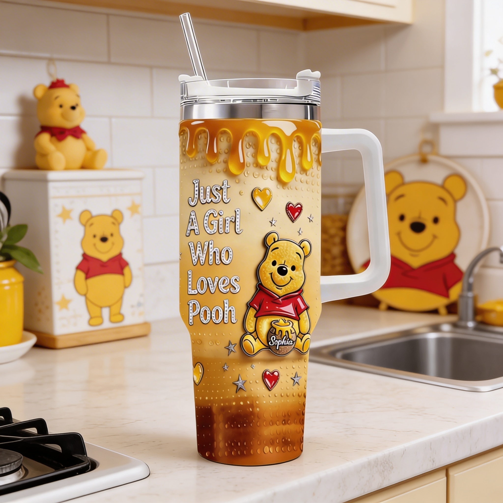 Personalized Pooh Tumbler with Handle Custom Name Gift for Her