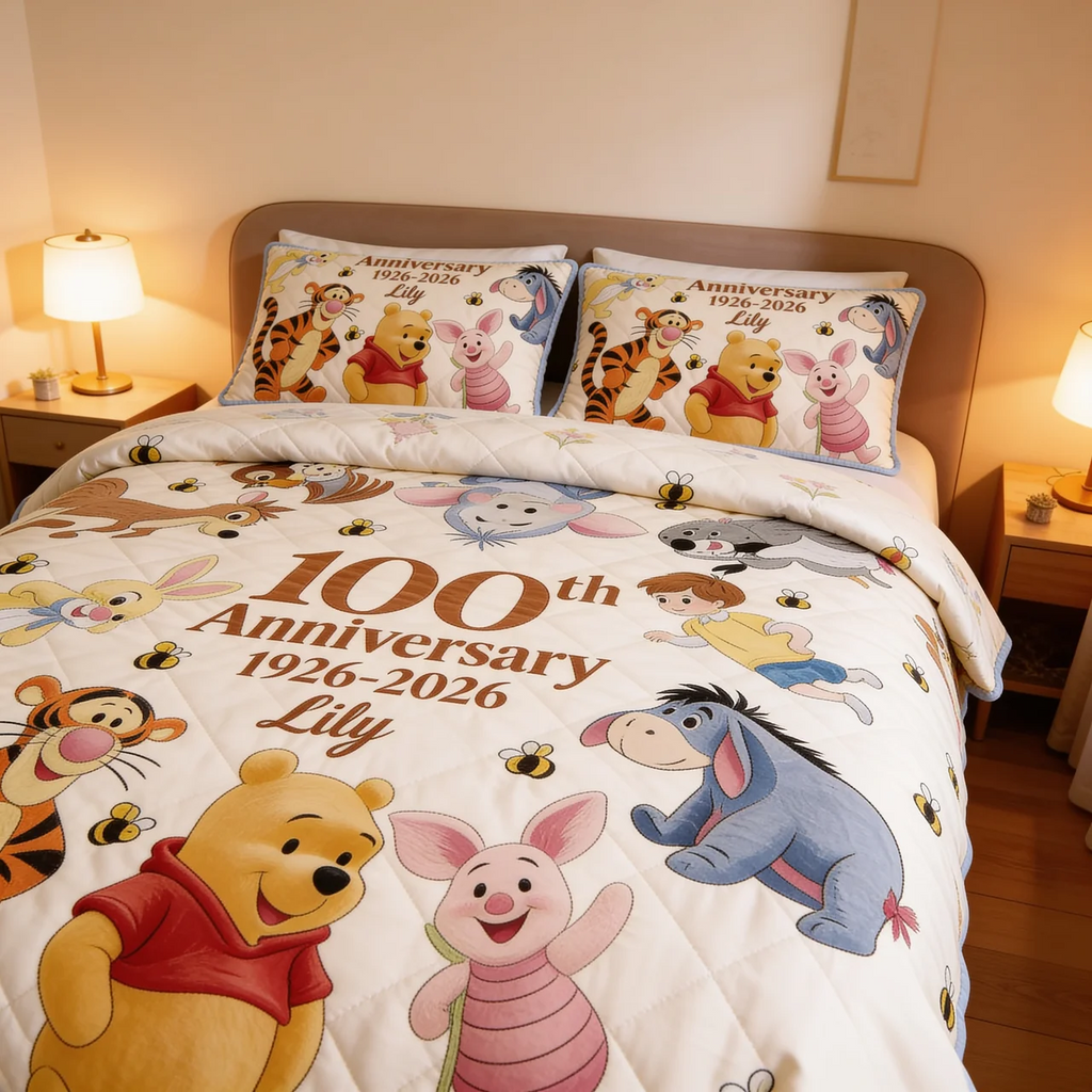 Personalized Quilted Bedding Set Honey Bear 100th Anniversary Gift for Family Quilted Bedding Set GradoCreations