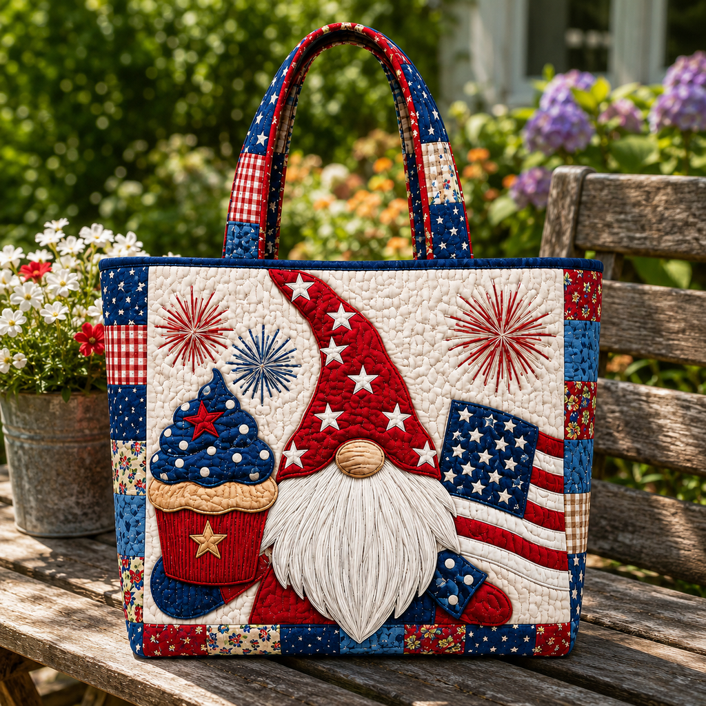 Patriotic Quilted Tote Bag with Gnome Cupcake Design for Her