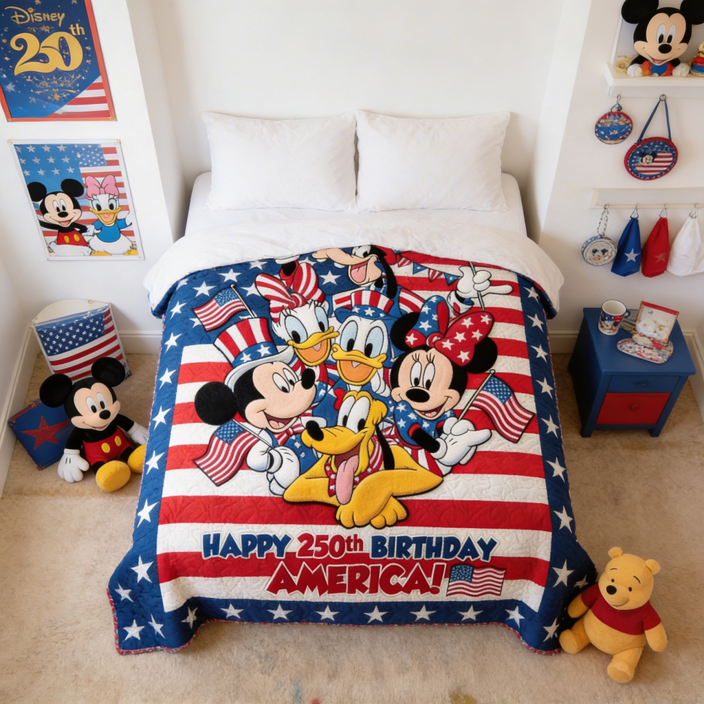 Personalized Patriotic Blanket Featuring Disney Characters – 250th Anniversary Gift for Family and Movie Fans