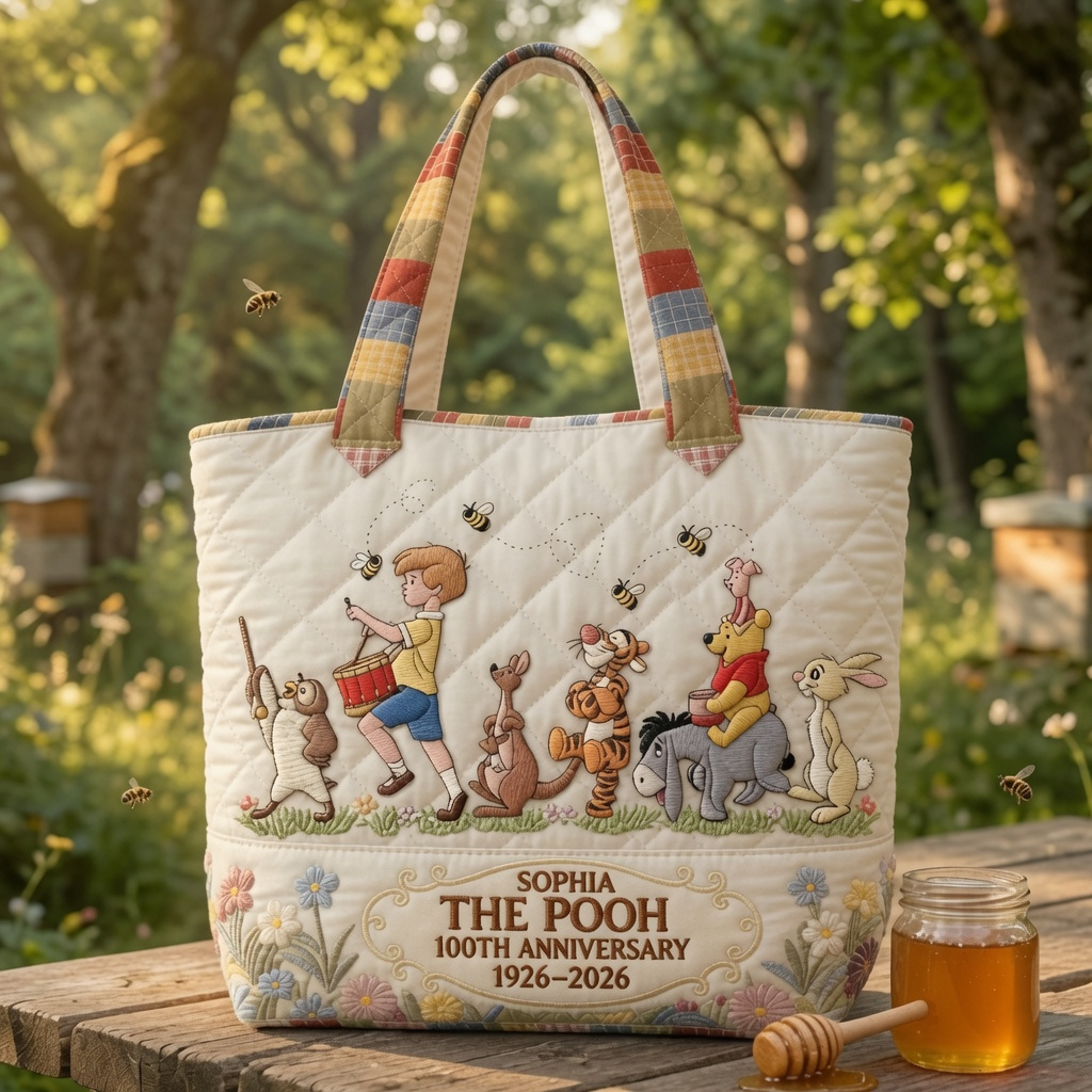 Personalized Quilted Tote Bag with Winnie the Pooh Design Gift for Movie Fans