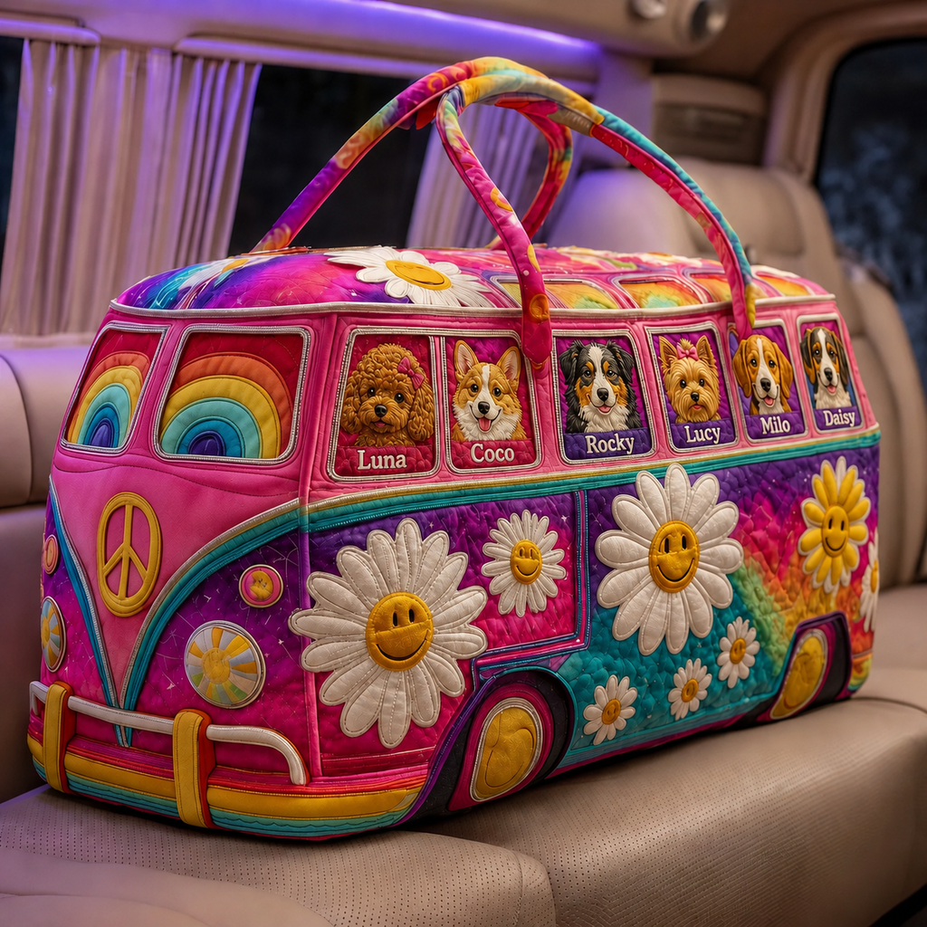 Quilted Dog Duffle Bag with Hippie Van Design | Gift for Dog Mom