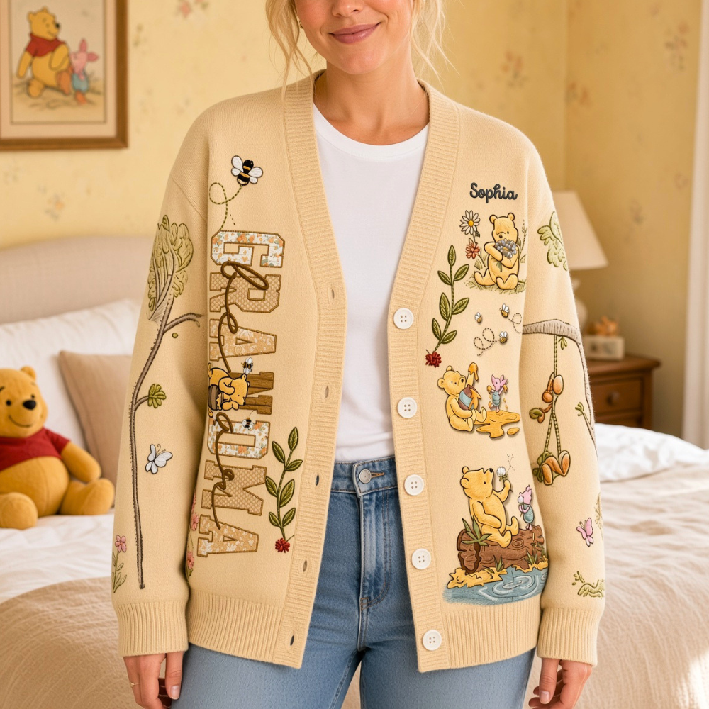 Personalized Honey Bear Knit Cardigan Custom Name Gift for Grandma Mom Cardigan GradoCreations