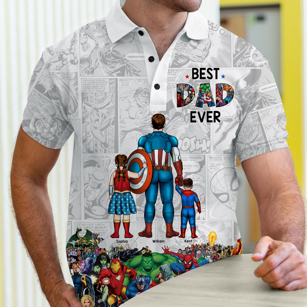 Personalized Best Dad Ever Superhero Polo Shirt Gift for Dad