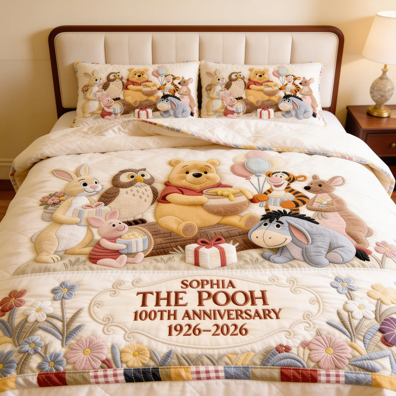 Personalized Winnie the Pooh 100th Anniversary Quilted Bedding Set Gift for Family Quilted Bedding Set GradoCreations