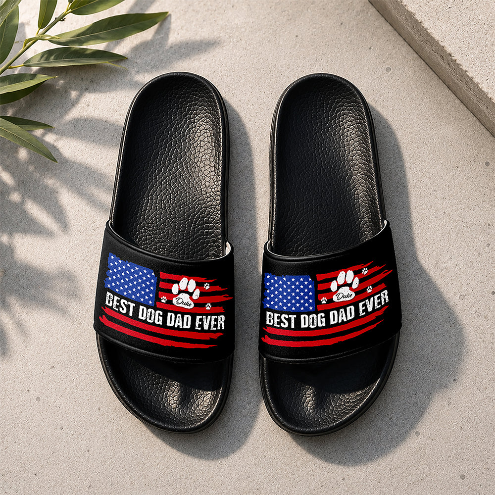 Personalized Slide Sandals Best Dog Dad Ever American Flag Gift HN590 - Slide Sandals GradoCreations