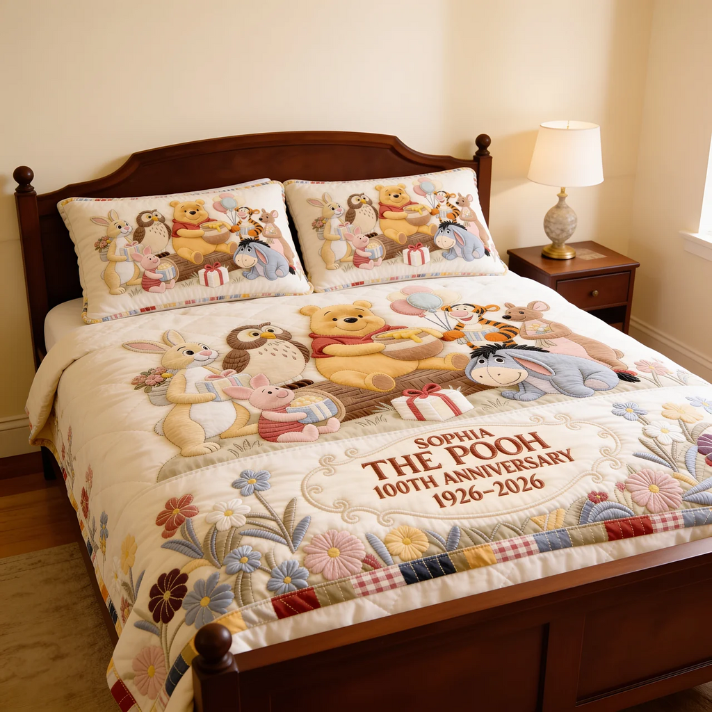 Personalized Winnie the Pooh 100th Anniversary Quilted Bedding Set Gift for Family Quilted Bedding Set GradoCreations