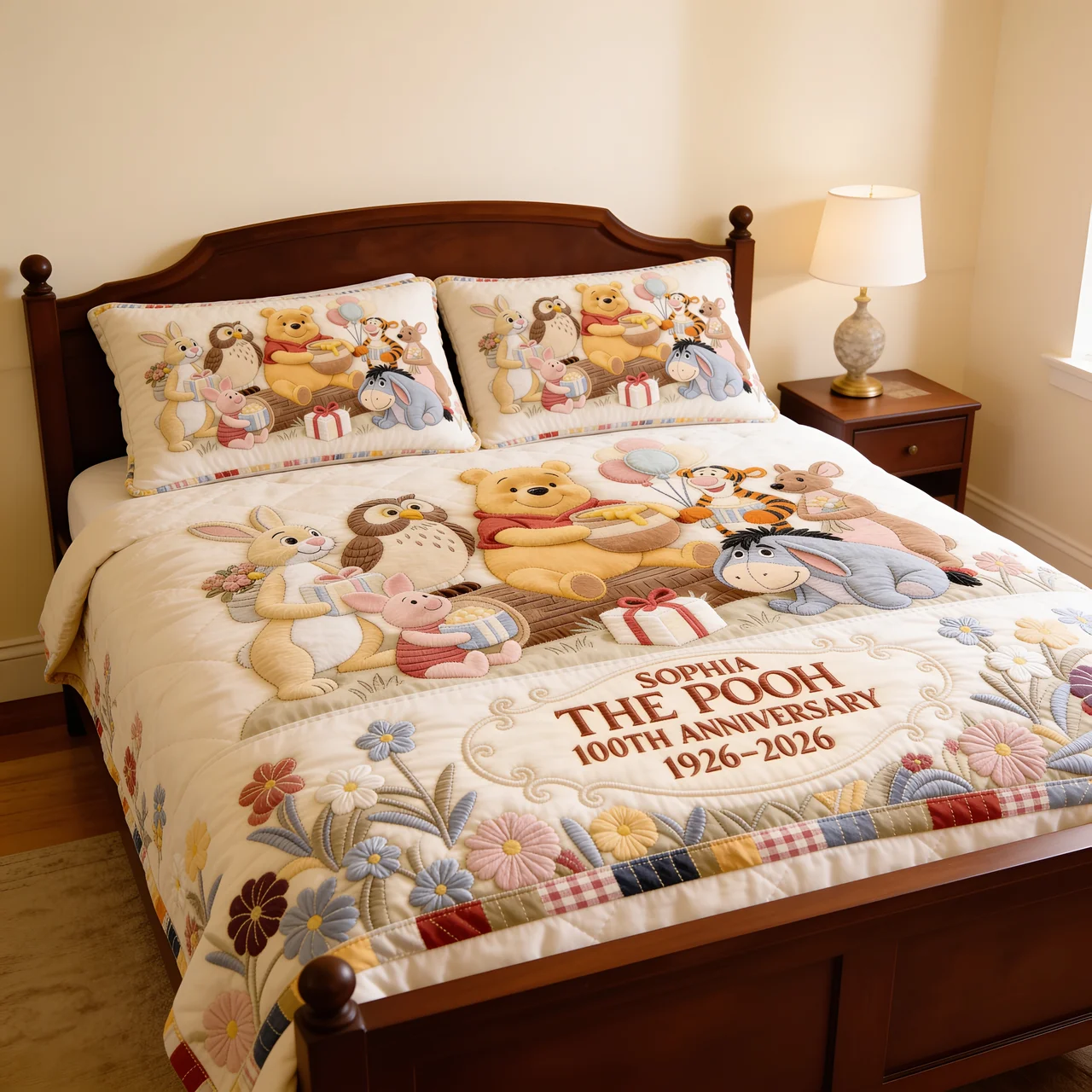 Personalized Winnie the Pooh 100th Anniversary Quilted Bedding Set Gift for Family Quilted Bedding Set GradoCreations