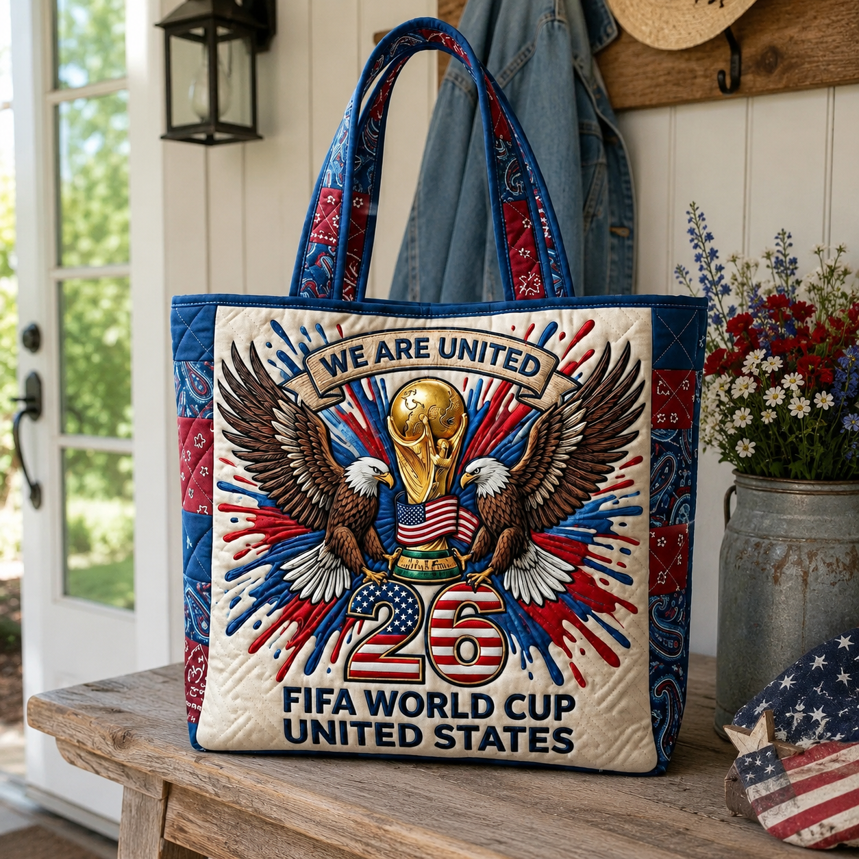 Patriotic Quilted Tote Bag 2026 FIFA World Cup Eagle Gift for Soccer Fans