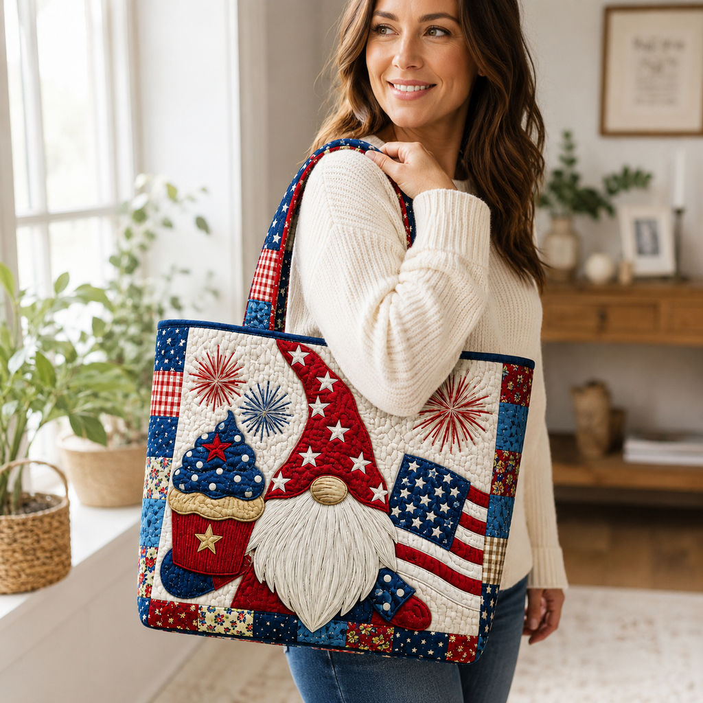 Patriotic Quilted Tote Bag with Gnome Cupcake Design for Her
