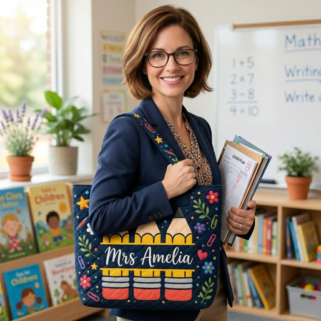 Personalized Quilted Tote Bag with Teacher Pencil Design Gift for Educators