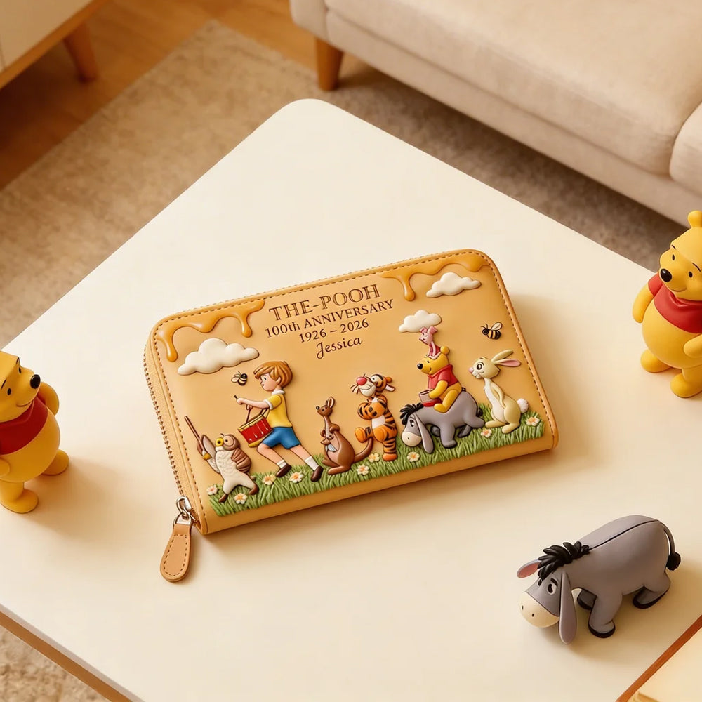 Personalized Leather Long Wallet Disney Pooh 100th Anniversary Gift for Movie Fans