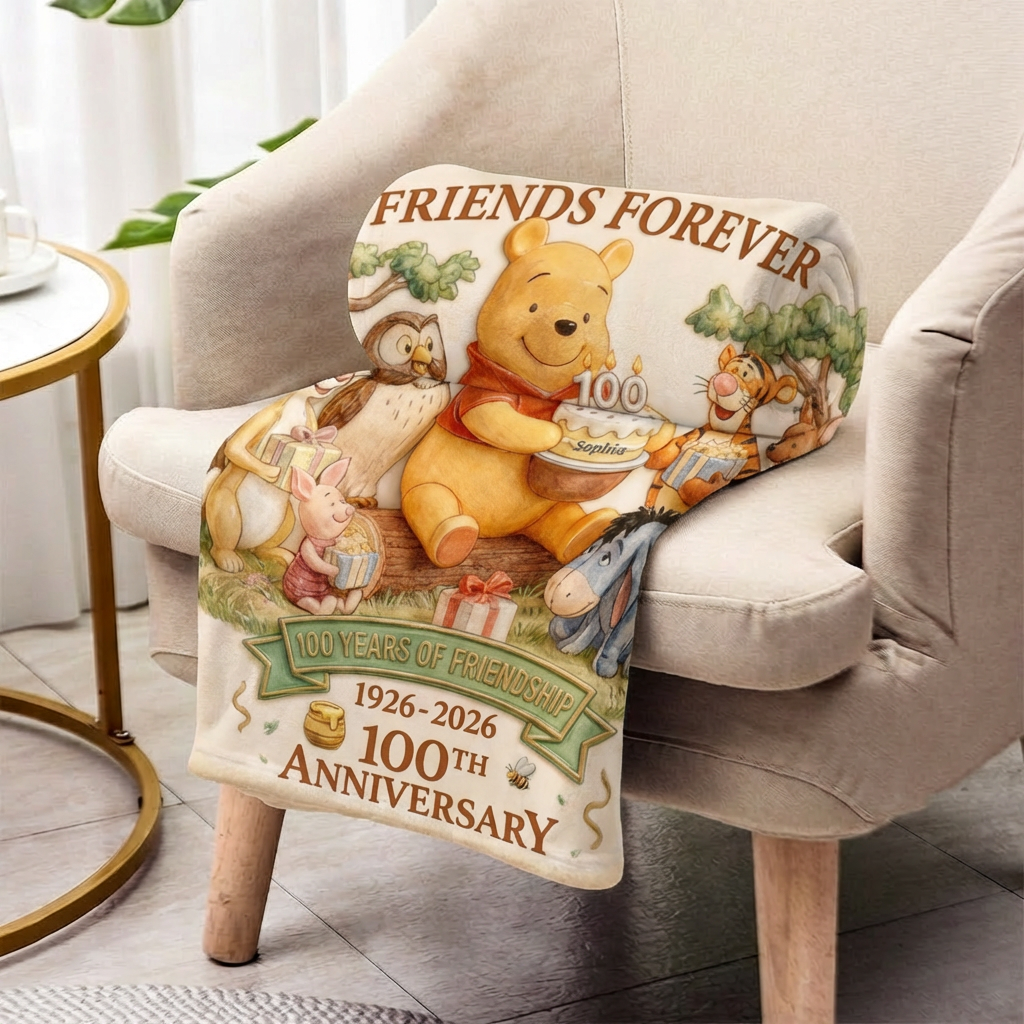 Personalized Winnie the Pooh Blanket 100th Anniversary Gift for Movie Fans