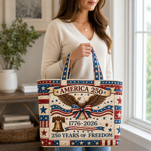 America 250 Freedom Quilted Tote Bag for Her - Patriotic Gift Quilted Tote Bag GradoCreations
