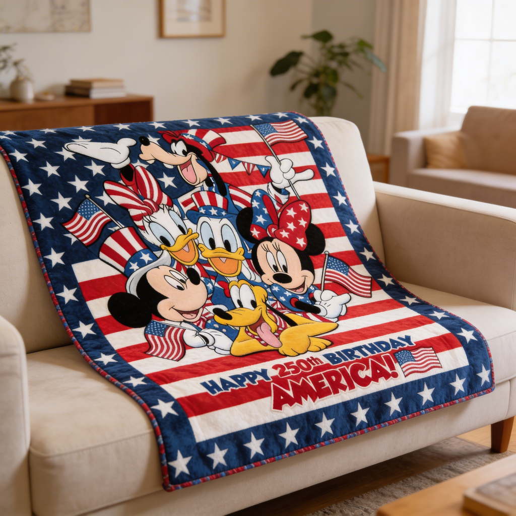Personalized Patriotic Blanket Featuring Disney Characters – 250th Anniversary Gift for Family and Movie Fans