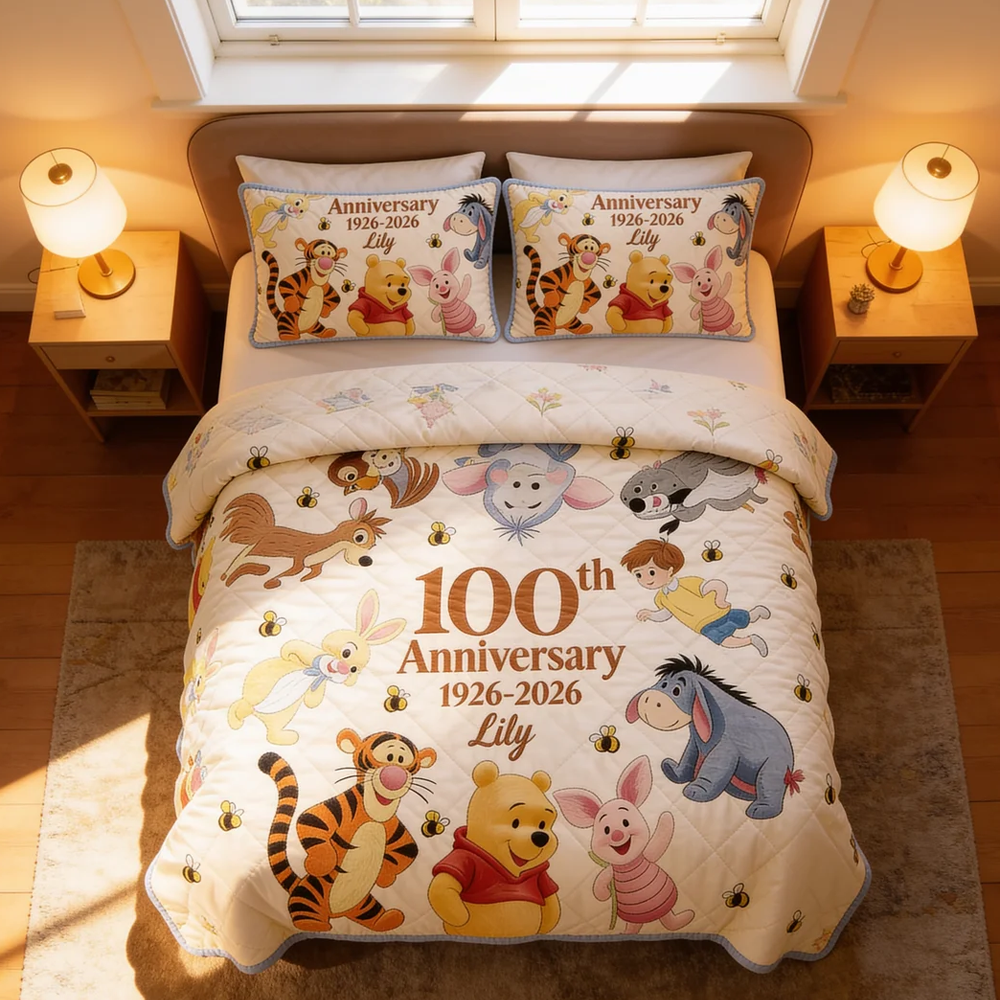 Personalized Quilted Bedding Set Honey Bear 100th Anniversary Gift for Family Quilted Bedding Set GradoCreations