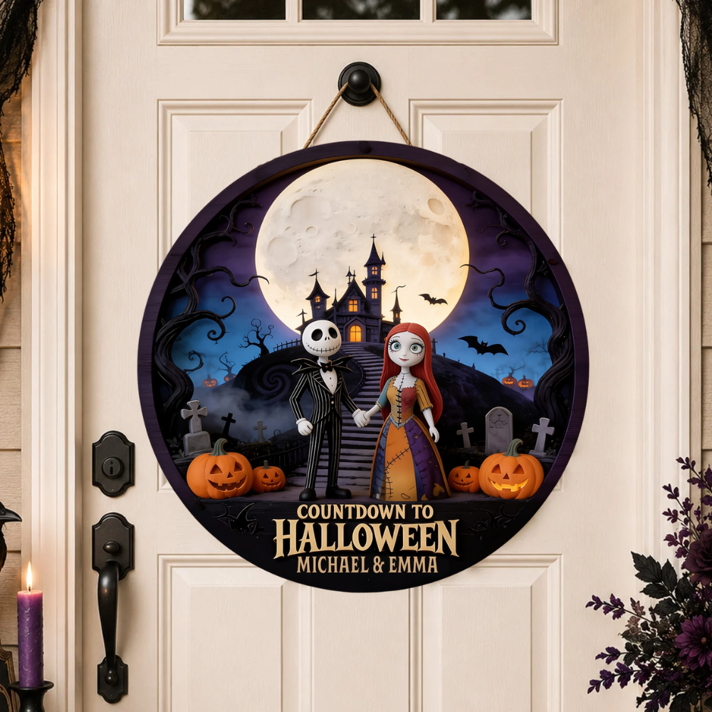 Personalized Spooky Round Wood Sign for Halloween Gift for Couple Wood Sign GradoCreations
