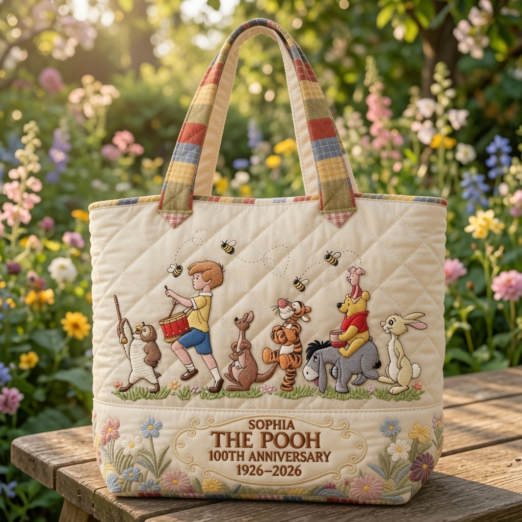 Personalized Quilted Tote Bag with Winnie the Pooh Design Gift for Movie Fans