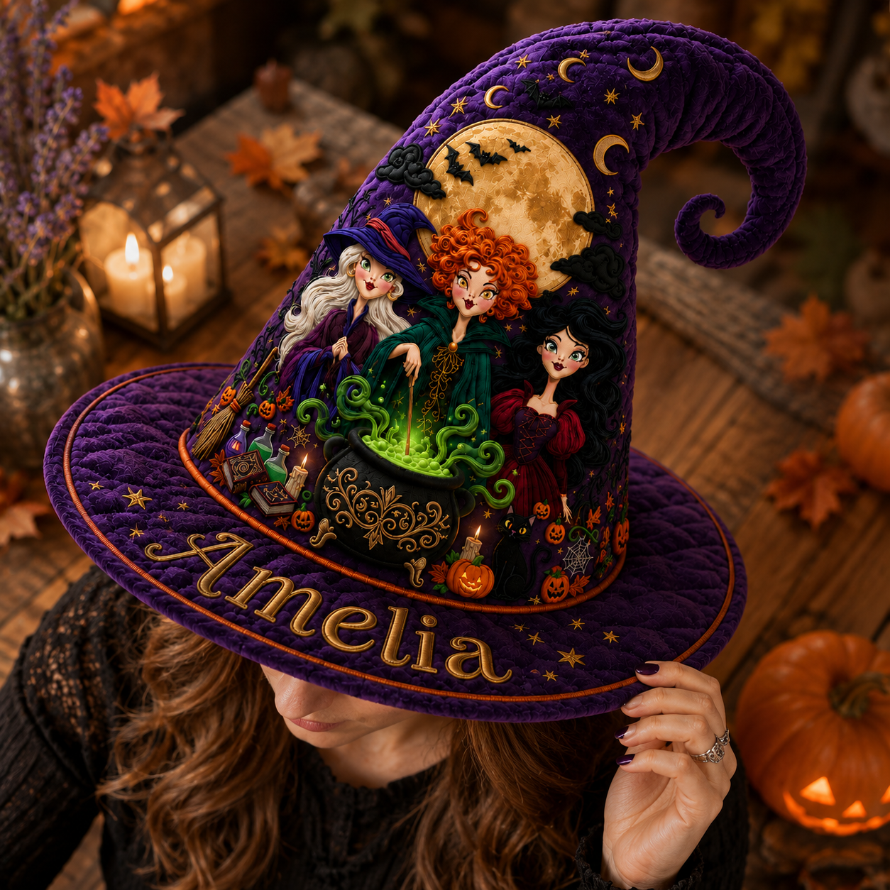 Personalized Quilted Witch Hat Custom Name Halloween Gift for Her Quilt Witch Hat GradoCreations