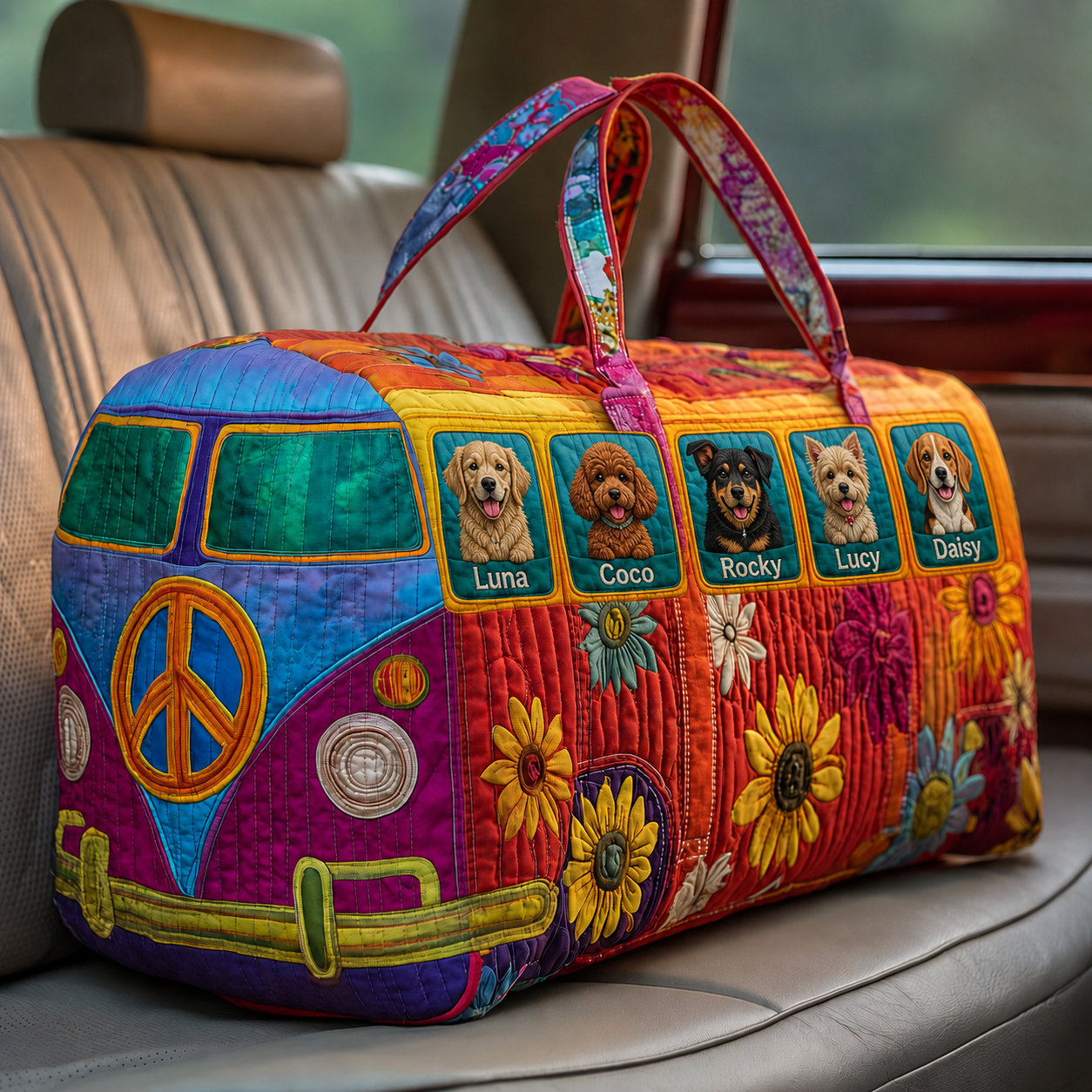 Quilted Dog Duffle Bag with Hippie Van Design | Gift for Dog Mom