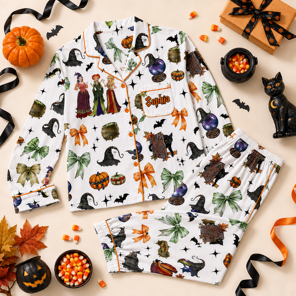 Personalized Halloween Pajama Set Cats & Witches Gift for Her Pajama Set GradoCreations