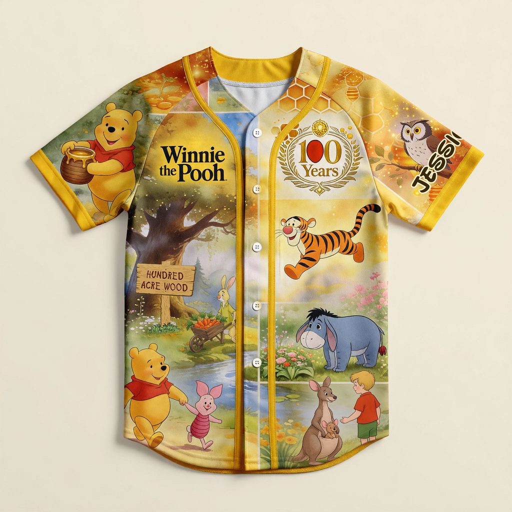 Personalized Winnie the Pooh Baseball Jersey Gift for Kids & Adults - 100th Anniversary Celebration