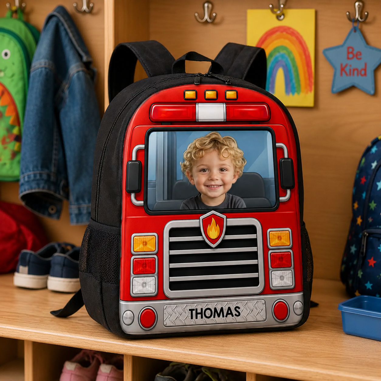 Personalized Kids School Bus Backpack Set with Photo and Name - Lunch Bag, Pencil Case & Water Bottle Gift