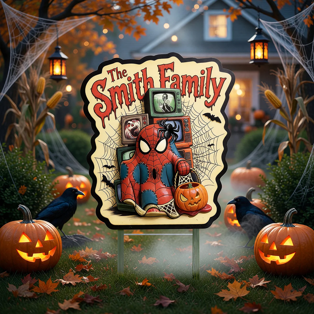 Personalized Spider Web Metal Garden Stake Halloween Gift for Family Stake Metal Sign GradoCreations