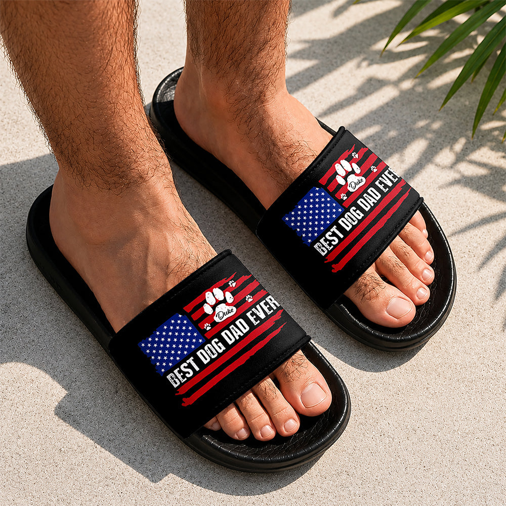 Personalized Slide Sandals Best Dog Dad Ever American Flag Gift HN590 - Slide Sandals GradoCreations